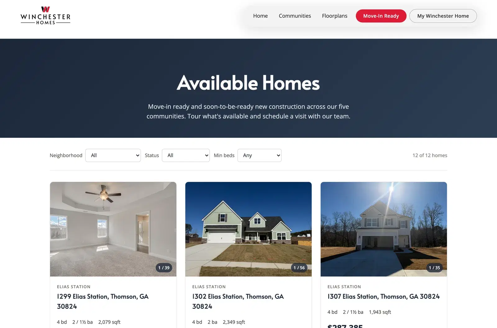 Winchester Homes' available-homes page: neighbourhood, status and bedroom filters above listing cards showing price, beds, baths, square footage and MLS number.